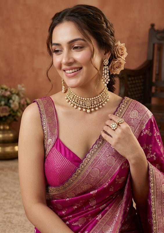 Wine Silk Banarasi Gold Stonework Saree With Matching Blouse Piece - Image 2