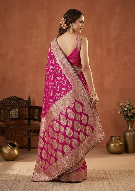 Wine Silk Banarasi Gold Stonework Saree With Matching Blouse Piece - Image 3
