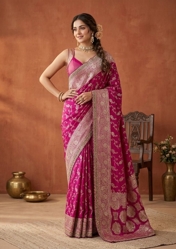 Wine Silk Banarasi Gold Stonework Saree With Matching Blouse Piece - Image 4