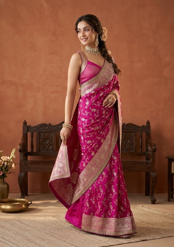 Wine Silk Banarasi Gold Stonework Saree With Matching Blouse Piece - Image 5