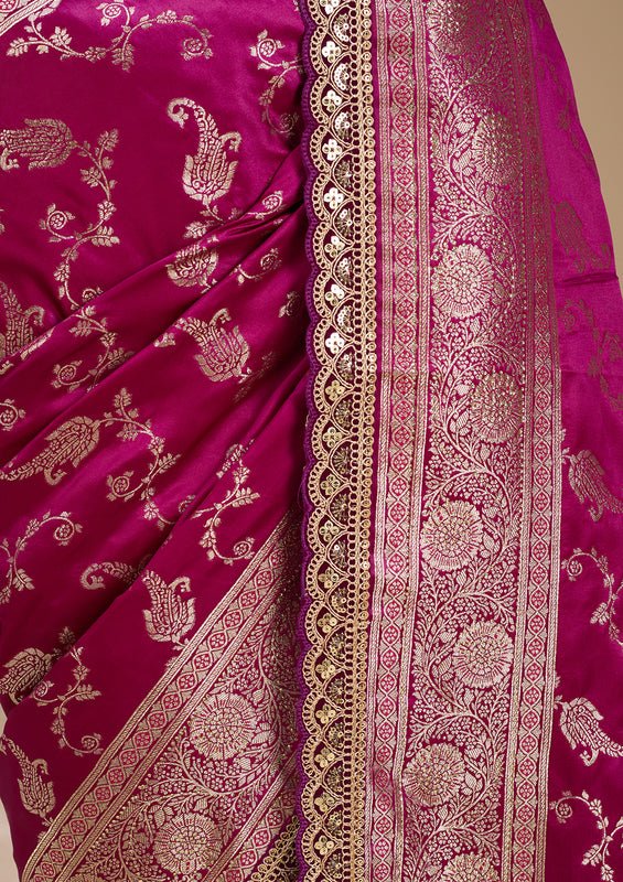 Wine Silk Banarasi Gold Stonework Saree With Matching Blouse Piece - Image 6
