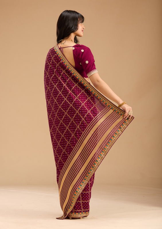 Wine Soft Raw Silk Bandhej Gold Zariwork Saree With Matching Blouse Piece - Image 2