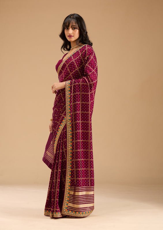Wine Soft Raw Silk Bandhej Gold Zariwork Saree With Matching Blouse Piece - Image 3