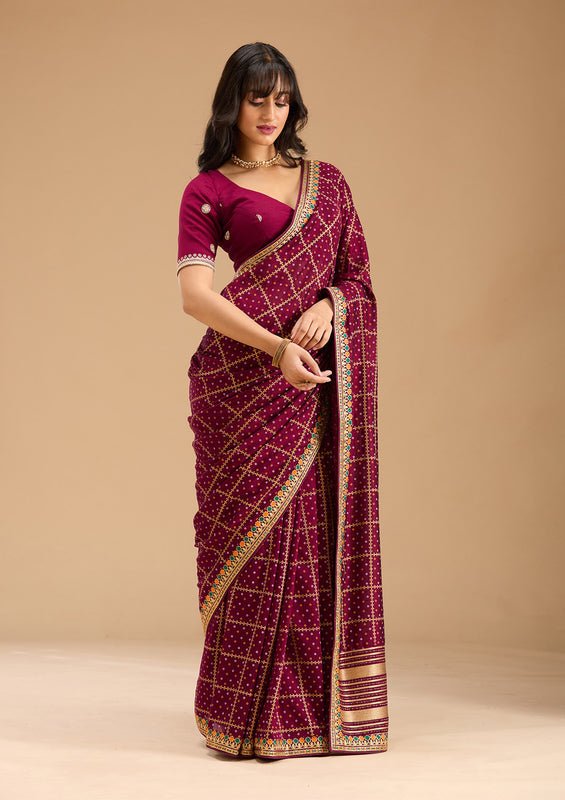 Wine Soft Raw Silk Bandhej Gold Zariwork Saree With Matching Blouse Piece - Image 4
