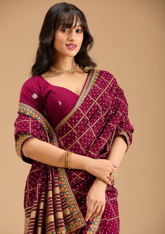 Wine Soft Raw Silk Bandhej Gold Zariwork Saree With Matching Blouse Piece - Image 5
