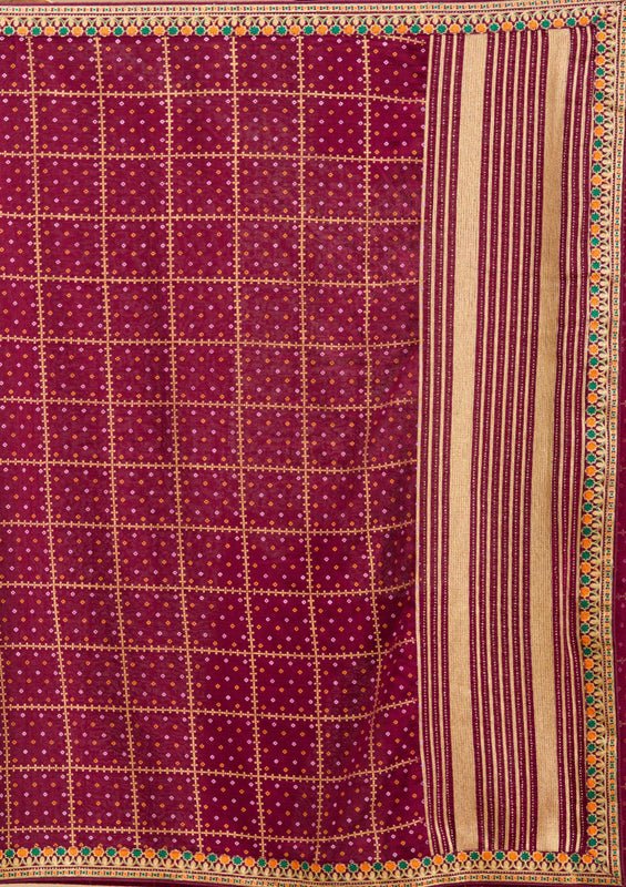 Wine Soft Raw Silk Bandhej Gold Zariwork Saree With Matching Blouse Piece - Image 7