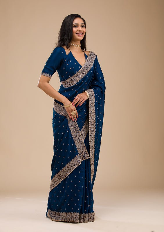 Navy Blue Soft Raw Silk Gold Zariwork Saree With Matching Blouse Piece - Image 2