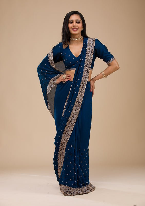 Navy Blue Soft Raw Silk Gold Zariwork Saree With Matching Blouse Piece - Image 3