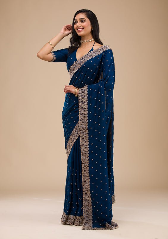 Navy Blue Soft Raw Silk Gold Zariwork Saree With Matching Blouse Piece - Image 4