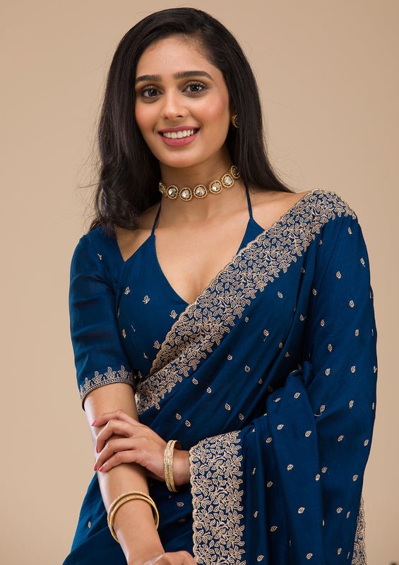 Navy Blue Soft Raw Silk Gold Zariwork Saree With Matching Blouse Piece - Image 5
