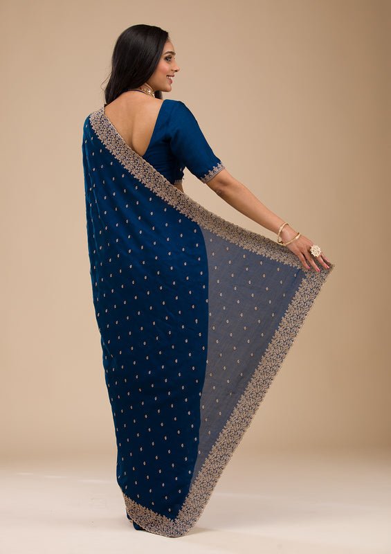 Navy Blue Soft Raw Silk Gold Zariwork Saree With Matching Blouse Piece - Image 6