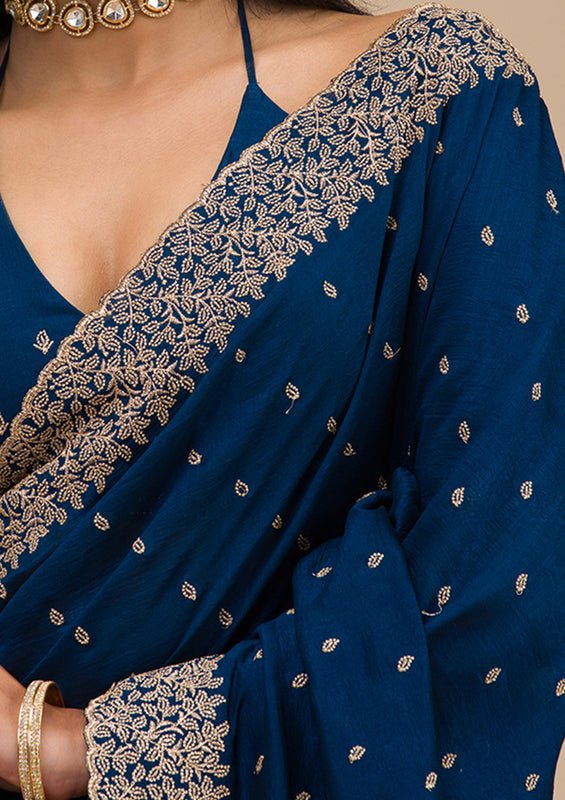 Navy Blue Soft Raw Silk Gold Zariwork Saree With Matching Blouse Piece - Image 7