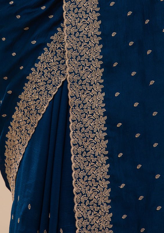 Navy Blue Soft Raw Silk Gold Zariwork Saree With Matching Blouse Piece - Image 9