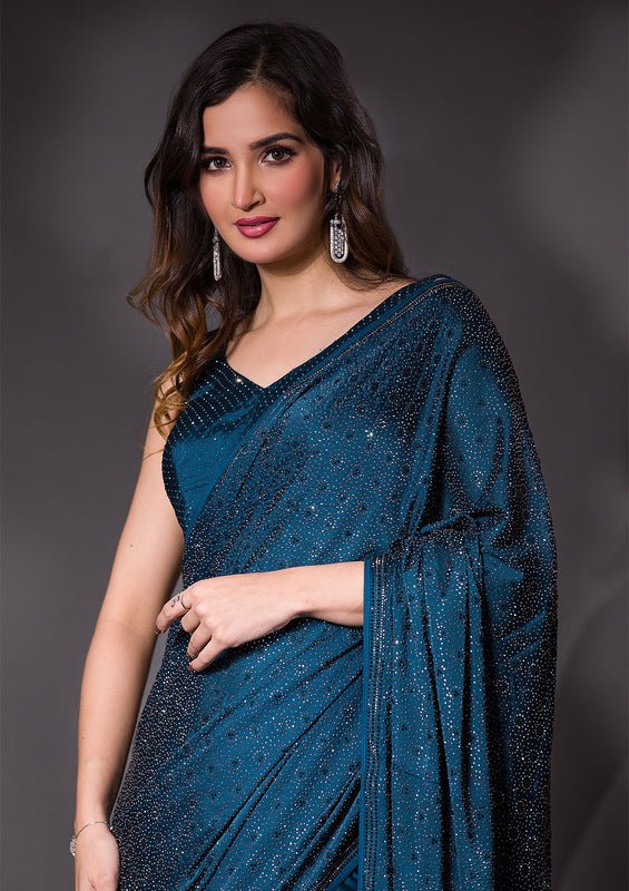 Peacock Blue Satin Silver Stonework Saree With Matching Blouse Piece - Image 2