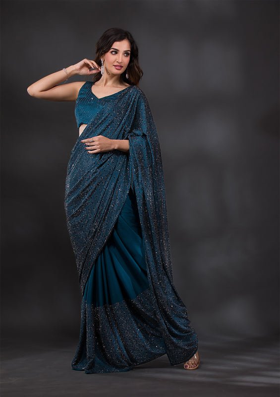 Peacock Blue Satin Silver Stonework Saree With Matching Blouse Piece - Image 5