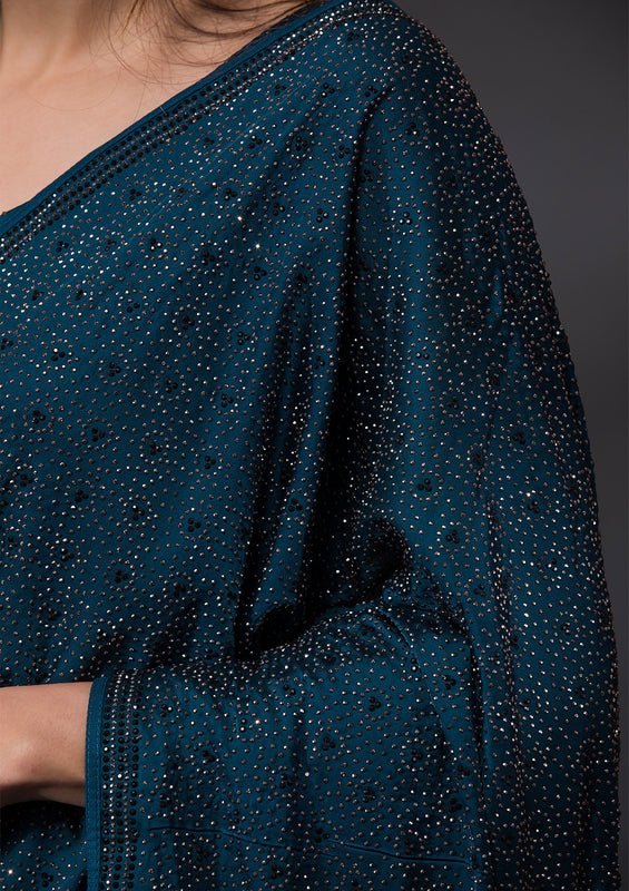 Peacock Blue Satin Silver Stonework Saree With Matching Blouse Piece - Image 7