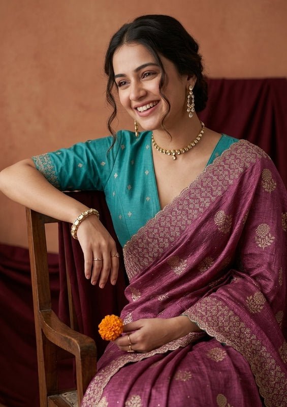 Onion Pink Soft Raw Silk Floral Printed Gold Zariwork Saree With Matching Blouse Piece - Image 2