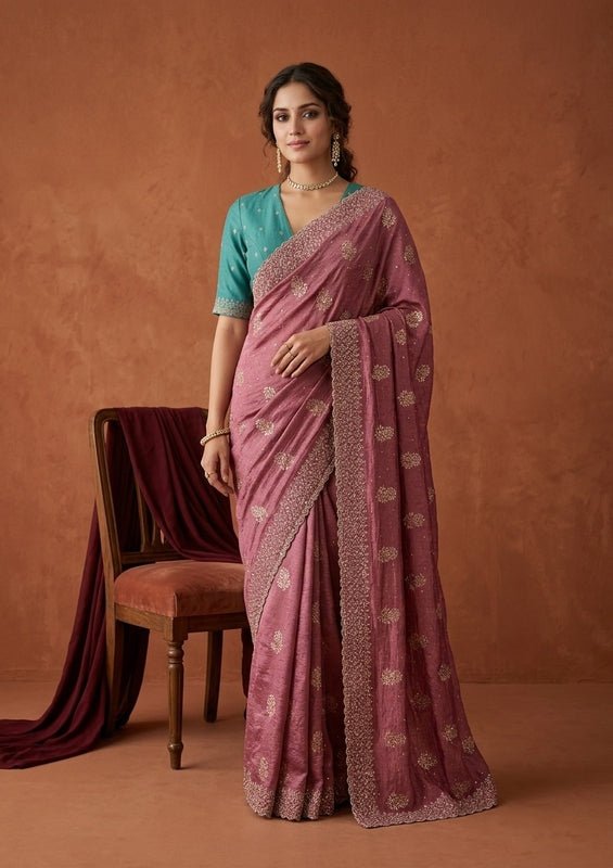 Onion Pink Soft Raw Silk Floral Printed Gold Zariwork Saree With Matching Blouse Piece - Image 3