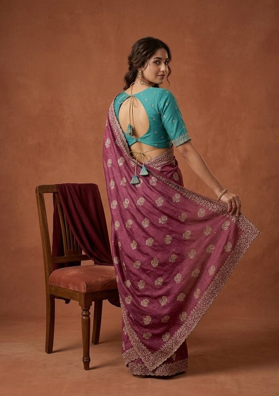 Onion Pink Soft Raw Silk Floral Printed Gold Zariwork Saree With Matching Blouse Piece - Image 5