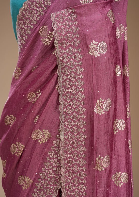 Onion Pink Soft Raw Silk Floral Printed Gold Zariwork Saree With Matching Blouse Piece - Image 6