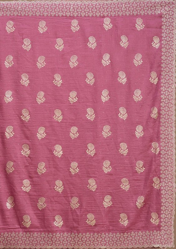 Onion Pink Soft Raw Silk Floral Printed Gold Zariwork Saree With Matching Blouse Piece - Image 7