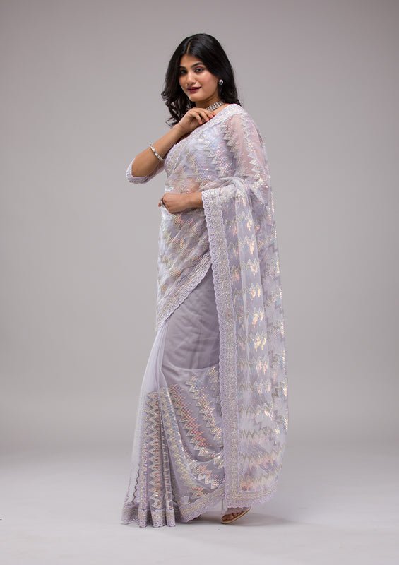 Lavender Organza Sequins Saree With Matching Blouse Piece - Image 4