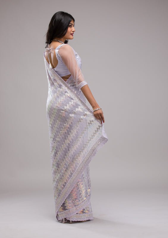 Lavender Organza Sequins Saree With Matching Blouse Piece - Image 6