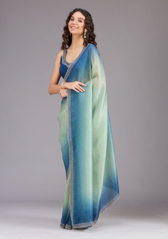 Pista Green Organza Floral Gold Stonework Saree With Matching Blouse Piece - Image 2
