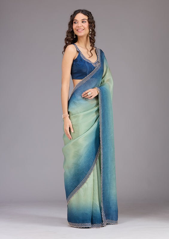 Pista Green Organza Floral Gold Stonework Saree With Matching Blouse Piece - Image 3