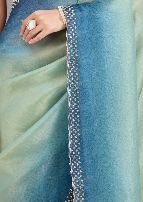 Pista Green Organza Floral Gold Stonework Saree With Matching Blouse Piece - Image 6