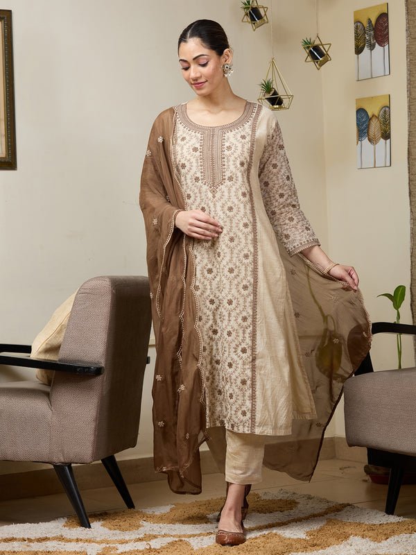 Beige Brown Chanderi Threadwork Straight Kurta With Regular Pant And Dupatta - Image 2