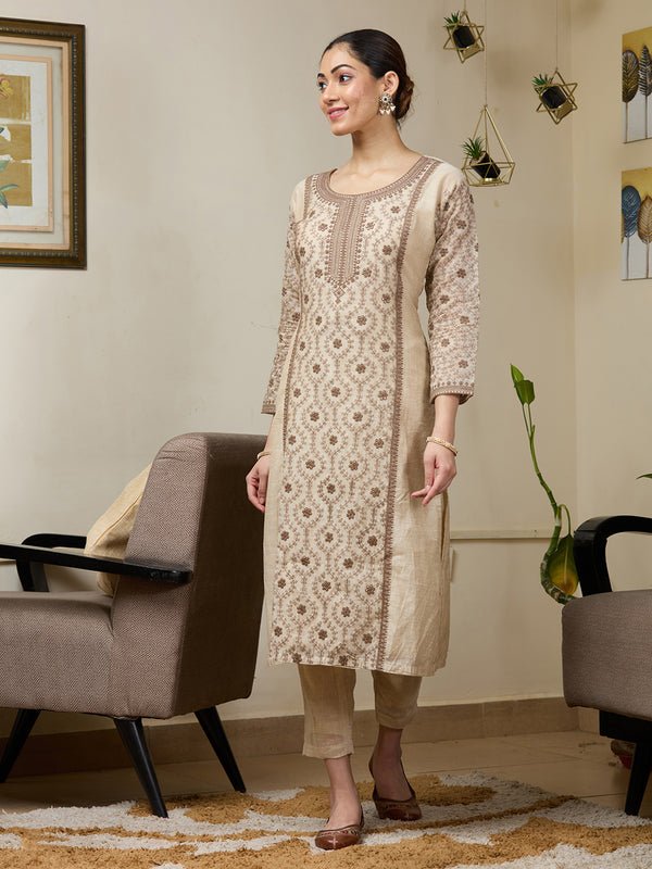 Beige Brown Chanderi Threadwork Straight Kurta With Regular Pant And Dupatta - Image 5