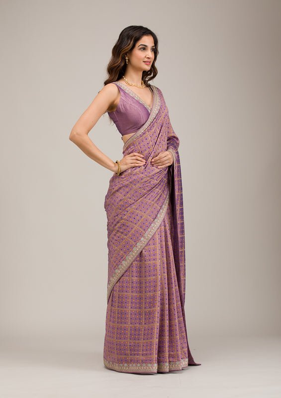 Purple Soft Raw Silk Gold Zariwork Saree With Matching Blouse Piece - Image 3