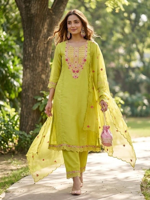 Lime Green Art Silk Threadwork A Line Kurta With Pant Regular And Dupatta