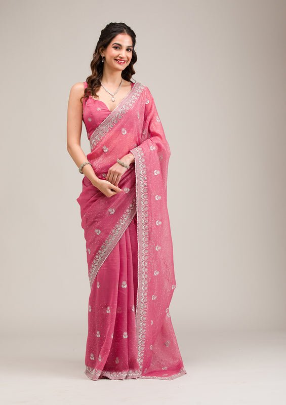 Pink Tissue Silver Zariwork Saree With Matching Blouse Piece - Image 3