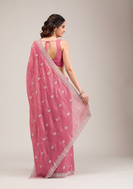 Pink Tissue Silver Zariwork Saree With Matching Blouse Piece - Image 6