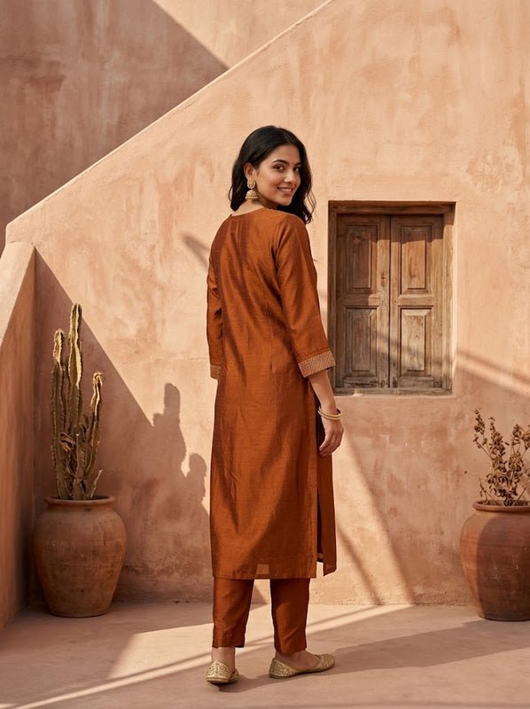 Rust Soft Raw Silk Threadwork Straight Kurta With Pant Regular And Dupatta - Image 2