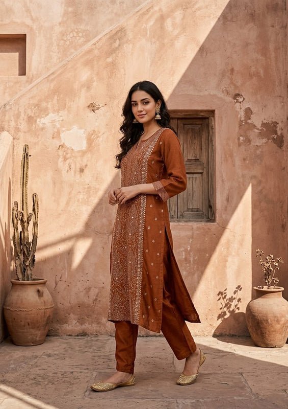 Rust Soft Raw Silk Threadwork Straight Kurta With Pant Regular And Dupatta - Image 3