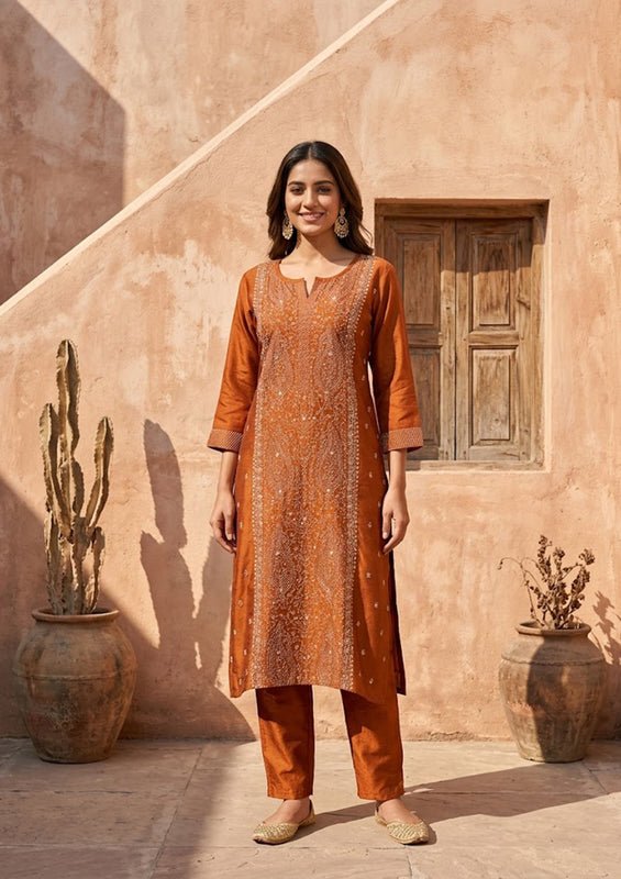 Rust Soft Raw Silk Threadwork Straight Kurta With Pant Regular And Dupatta - Image 4