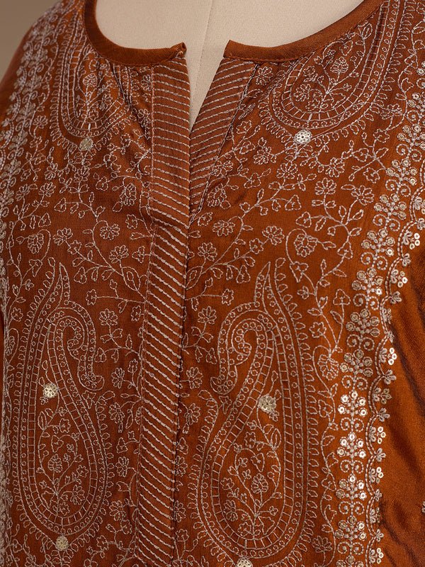 Rust Soft Raw Silk Threadwork Straight Kurta With Pant Regular And Dupatta - Image 5