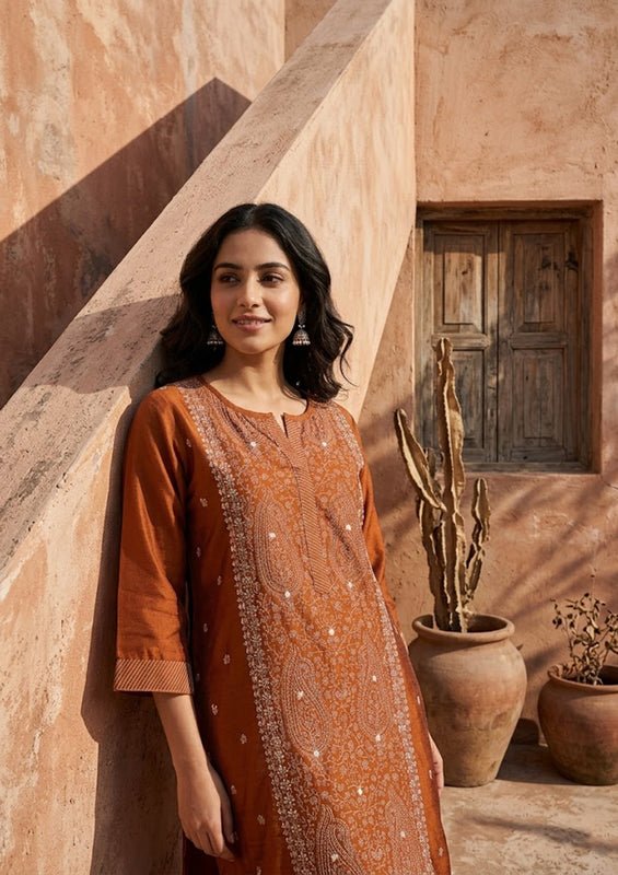 Rust Soft Raw Silk Threadwork Straight Kurta With Pant Regular And Dupatta - Image 6
