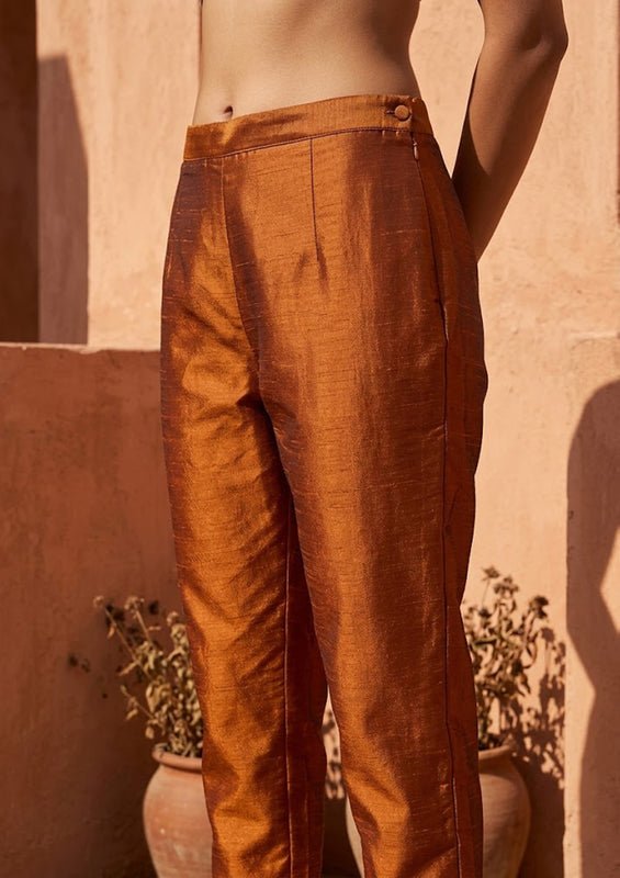 Rust Soft Raw Silk Threadwork Straight Kurta With Pant Regular And Dupatta - Image 7
