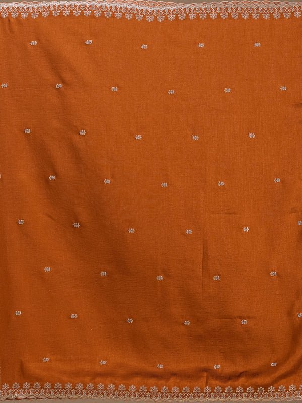 Rust Soft Raw Silk Threadwork Straight Kurta With Pant Regular And Dupatta - Image 8