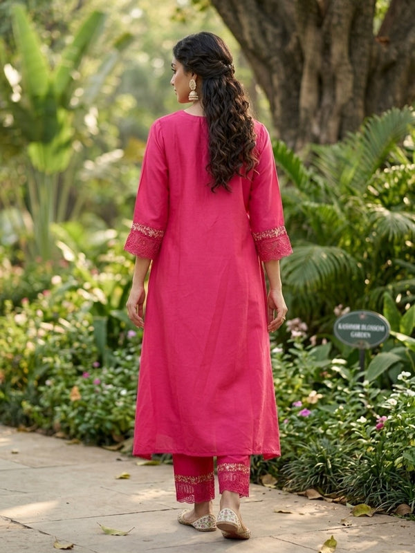 Rani Pink Raw Silk Threadwork Straight Kurta With Pant Regular And Dupatta - Image 2
