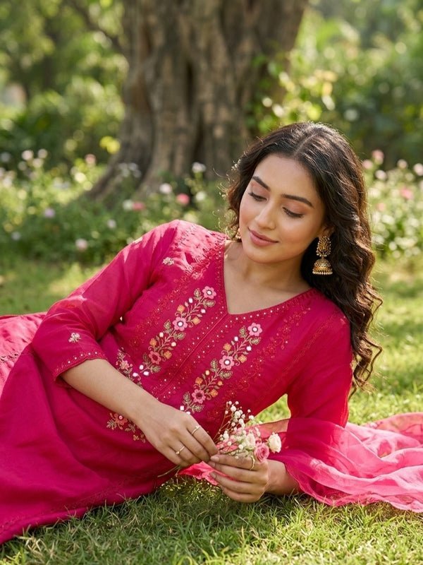 Rani Pink Raw Silk Threadwork Straight Kurta With Pant Regular And Dupatta - Image 3