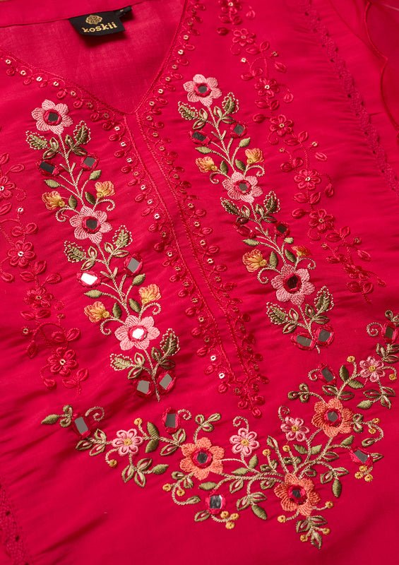 Rani Pink Raw Silk Threadwork Straight Kurta With Pant Regular And Dupatta - Image 4