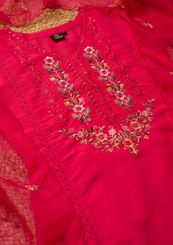 Rani Pink Raw Silk Threadwork Straight Kurta With Pant Regular And Dupatta - Image 5
