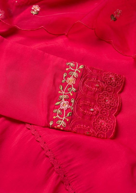 Rani Pink Raw Silk Threadwork Straight Kurta With Pant Regular And Dupatta - Image 6