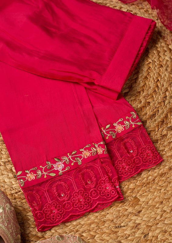 Rani Pink Raw Silk Threadwork Straight Kurta With Pant Regular And Dupatta - Image 7