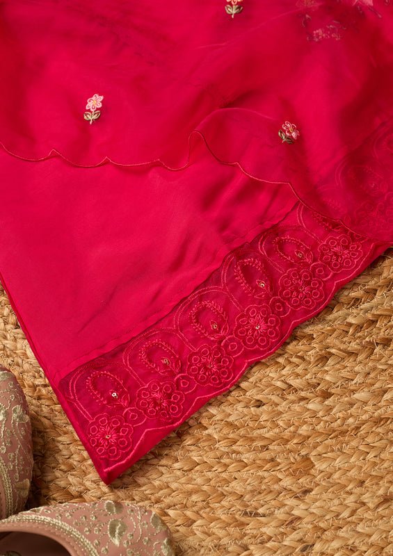 Rani Pink Raw Silk Threadwork Straight Kurta With Pant Regular And Dupatta - Image 10